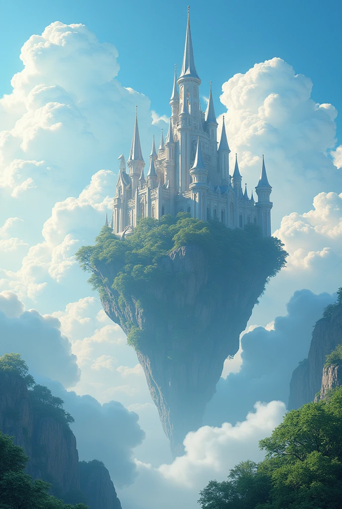 There is a castle in the sky.,There are a lot of clouds around, Feiyun Castle, A huge floating castle, Dream Castle, high Dream Castle, Flying Castle, Magic Castle, Castle floating in the air, Sky Castle Style, An epic castle with towering spires,There is a romantic feeling,There is grass,There are trees