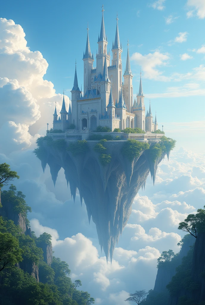 There is a castle in the sky.，There are a lot of clouds around, Feiyun Castle, A huge floating castle, Dream Castle, high Dream Castle, Flying Castle, Magic Castle, Castle floating in the air, Sky Castle Style, An epic castle with towering spires，There is a romantic feeling，There is grass，There are trees