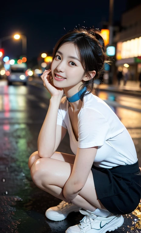 (A youthful gorgeous Japanese idol, wearing sky-blue Sophie-Shirt, pleated mini-skirt, neck choker, knee-high socks, zearrubgSneakers, Tokyo Shibuya, Scramble Crossing, city street, night sky, natural poses, siting or squatting on the street, Positive Affirmations,
(RAIN:1.2)
Easygoing expressions, kind smile, dimpled cheek, cute snaggle-tooth, short bob hair ponytail, symmetrical face, realistic detailed face, beautiful eyes, beautiful detailed eyes, long legs, perfect body proportions, hourglass figure, ample round bosoms, medium breasts,
Raw photo, photorealistic, realistic portrait, hyper-realism, high contrast, ultra HD, UHD, realistic skin textures, top image quality, top-quality, super high resolution, fine details, very meticulously, masterpiece, vivid colours, medium shot, close-up shot, cowboy shot, High Angle Shot, Professional Lighting, bokeh_background, SFW, Safe For Work)