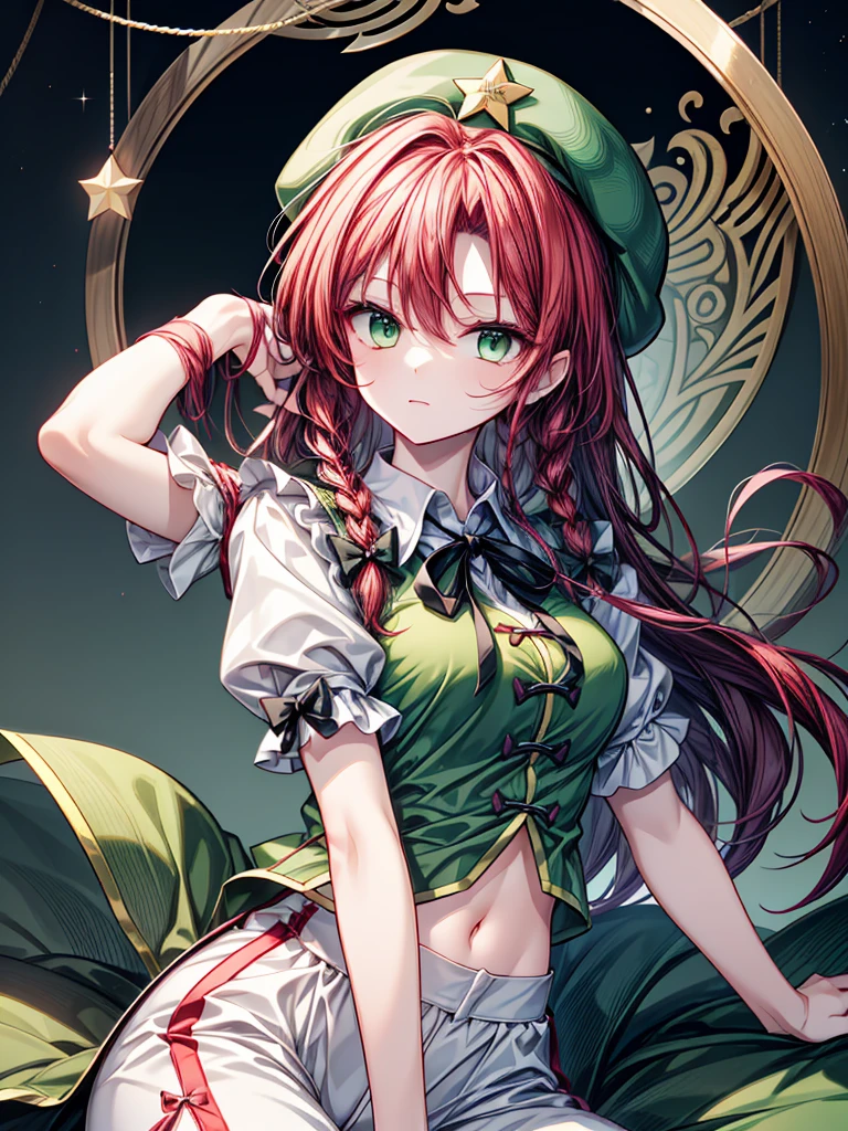 1girl, hong meiling (touhou), green eyes, long hair, red hair, twin braids, chinese clothes, green headwear, beret, white shirt, green vest, green skirt, green dress, collared dress, puffy short sleeves, frilled sleeves, black ribbon, neck ribbon, white pants, star (symbol), black bow, hair bow