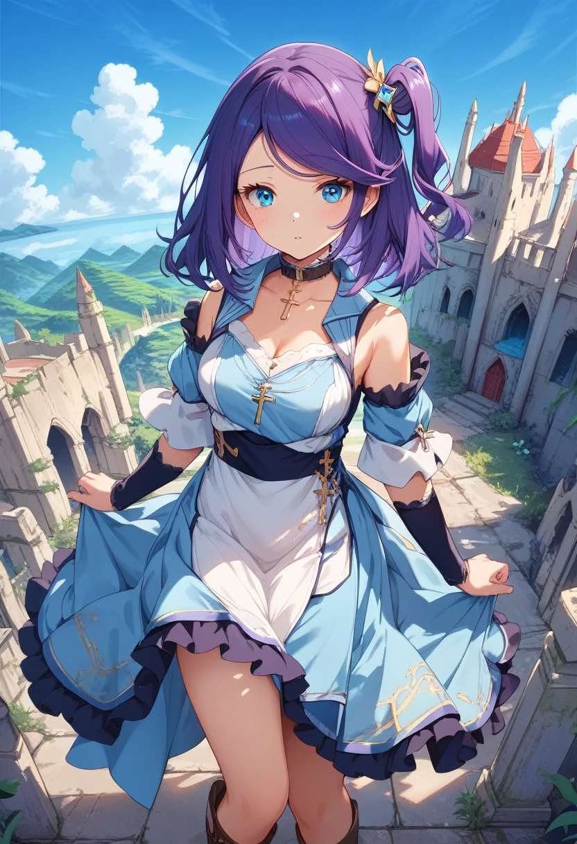 (masterpiece:1.2), (high quality:1.2), girls with((1girl, solo, purple hair, (medium hair, right swept bangs, one side up:1.55), bare shoulder, blush, breasts, choker, cleavage, cowboy shot, collar, collarbone, rosary, cross, blue shirt, chinese shirt, white dress, sleeveless, collared shirt, collarbone, necktie, arm wears, elbow armwarmers, blue cheongsam, princess dress, long dress, frilled panniers, (open dress:1.34), black leggings, boots, sandals, bare legs, stands)), background with((fantasy world, ruin, castle, beautiful sky, shining sky, sunshine:1.35))