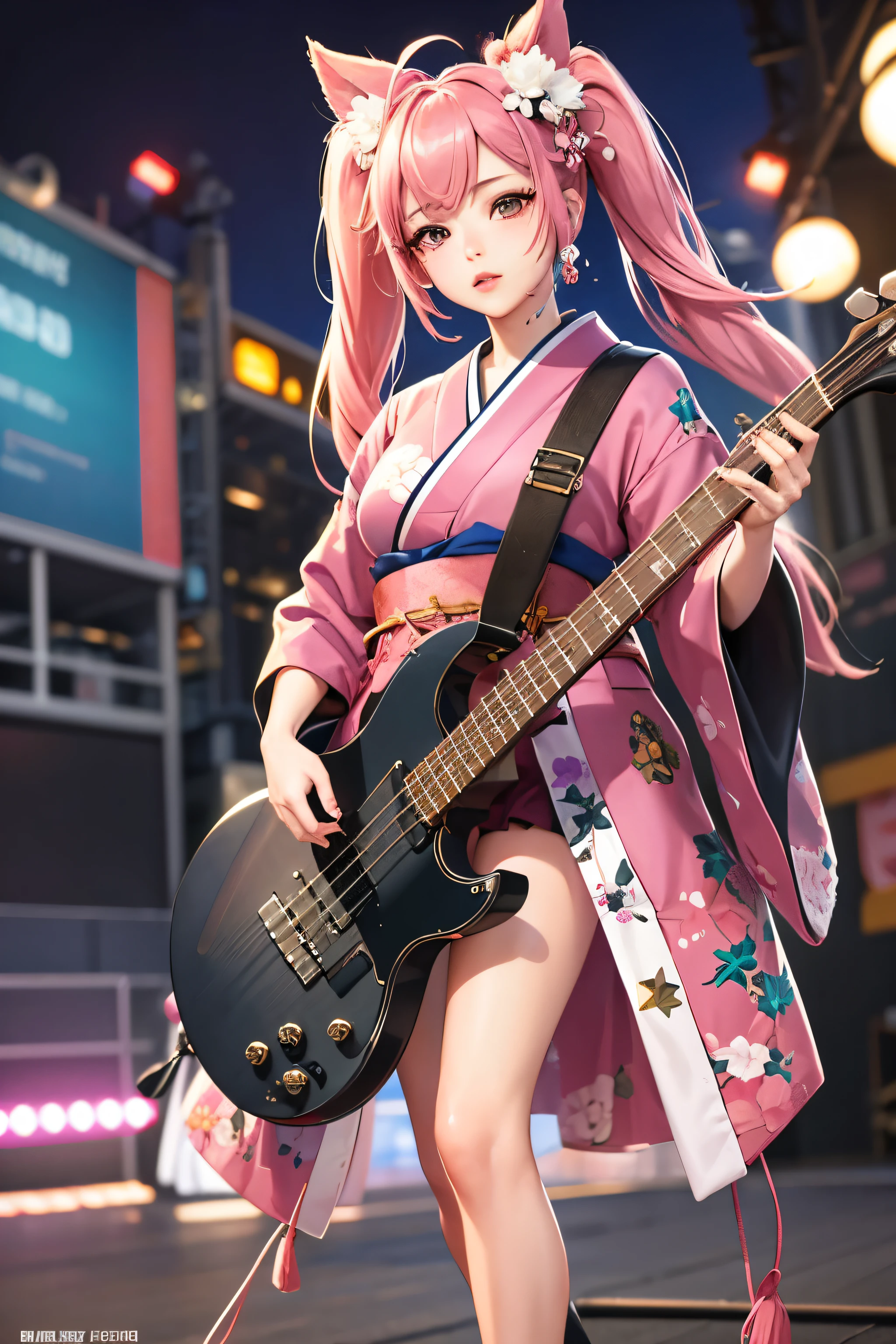 masterpiece, best quality, very detailed, high resolution, expensive resolution, high resolution, 4K, 8k, Unity 8k wallpaper, highly detailed CG, masterpiece, 2D, 3D, beautiful details, depth, fine texture, best quality: 1.3, perfect focus, crispy skin, he,
Very cute anime girl, girl playing baseguitar vocals in a band wearing a Japanese fancy floral haori hakama, on outdoor stage, full body, expensive pink twin tail hair, mole under eye, looking at the viewer, expensive, blush, mole, lips open, , heart choker, pink eyes, guitar vocals, stage,Full body of an anime girl with pink twin-tailed hair wearing a Japanese kimono and playing a bass guitar on stage at a cyberpunk festival