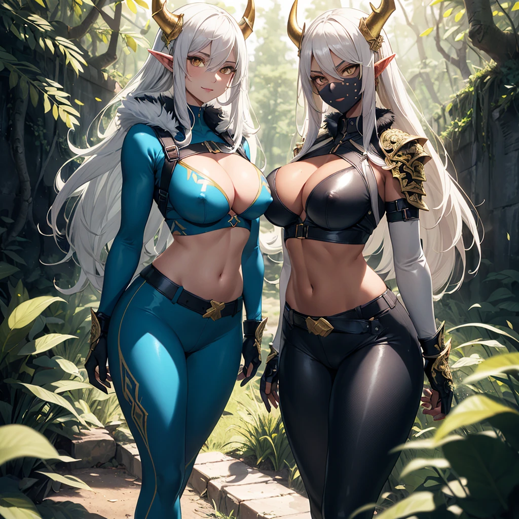 ((best quality)), (detailed), 1 women big pornstar heavy knight armor, 8k_wallpaper, extremely detailed eyes, (large masterpiece digital art), (intricate details:1.3 ), (ultra-detailed:1.3), (sharp focus:1.3), (natural lighting:1.05), (vivid colors:1.3), (best quality:1.4), expressive eyes, full body, detailed face, beautiful face, perfect face, ((hair sandy white curls)), ((gold horns)), (gold eyes), {{dark skin}}, ({dark skinned female}), (big breasts), huge chest, big wide ass, powerful relief muscles of the abdomen and legs, powerful strong muscles of the arms, belly piercing with blue emeralds, cruel predatory and cold-blooded arrogant look and smile, an open blue coat with rolled up sleeves and white fur, a translucent blue crop top with very clear outlines of huge pointed nipples with large piercing holes under the fabric, steel combat pauldrons, steel bracers and leather gloves, a wide silk yellow belt lowered below with large gold yarn, leather pants with steel silver shields on the hips under which I can see the clear outlines of a large vagina, a small hiking backpack, a walk at dusk through a dense dark forest and the ruins of an elven village against the backdrop of vines and blooming flowers glowing in the dark in different shades,