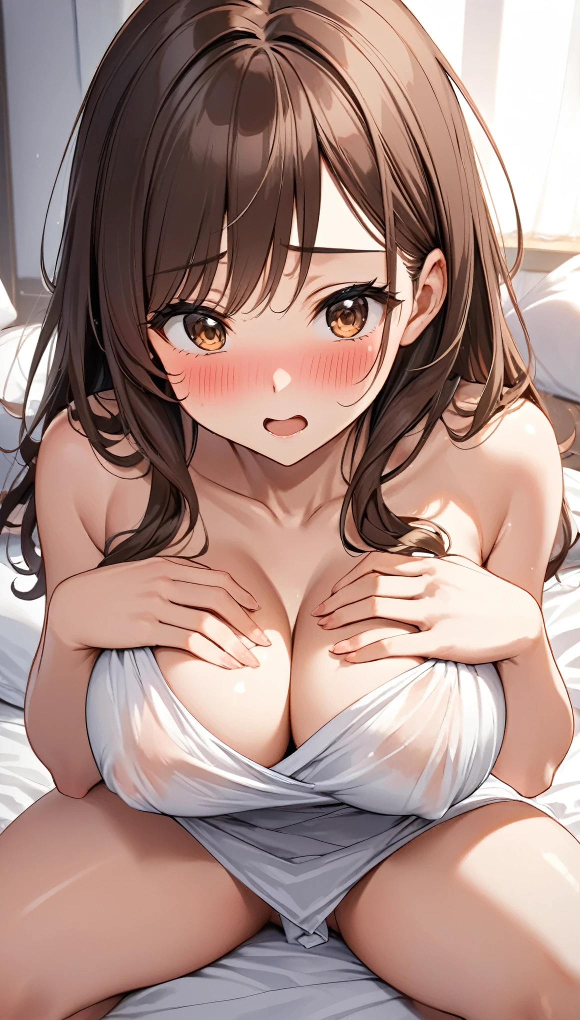 wake up, cowboy shot, Large Breasts、Cover your body with bed sheets, Covering her chest with a sheet、Cover your chest with your hands、Dark brown hair, Sitting with Knees Up on bed, spread legs, dynamic angle, looking my breast, ((Amazed)), Embarrassed, blush、masterpiece, Highest quality, Very detailed, Finer details, Anime Style, one person's, 22 years old, Cute Face、underboob, Tight waist、Beautiful Eyes、Dark brown hair, Brown Hair、Shiny Hair, light brown eyes、morning、Natural sunlight、Lens flare、Luxury hotel rooms、On the bed、topless、turquoise blue panties、