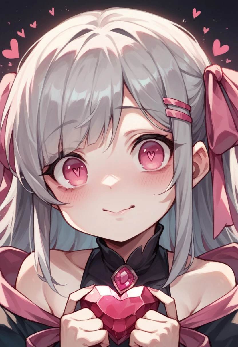 kawaii,cute,very cute,pink,ribbon,devil,Gray Hair,Jewel-like eyes,Pink Eyes,girl,danger,cruel,heart,