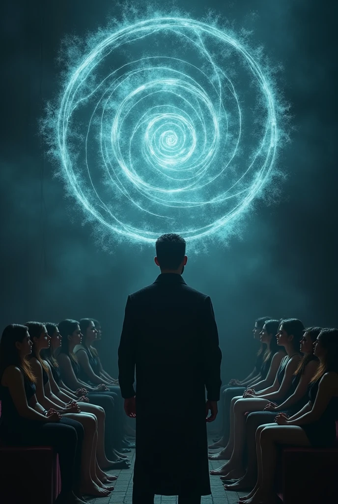 (a man creating Hypnosis spiral from his eyes on many girls sitting in audience 