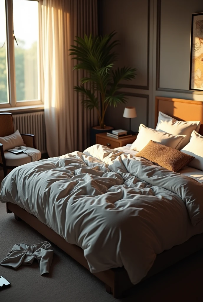 A large, luxurious, slightly disheveled male bedroom with clothes strewn across the floor. The bed is unmade, with pillows and sheets crumpled. A small nightstand holds a vibrating smartphone. A chair with a torn shirt draped over it is visible in the corner of the room. Soft morning light filters through a partially open window, casting soft shadows across the scene. Realistic, cinematic, 8k