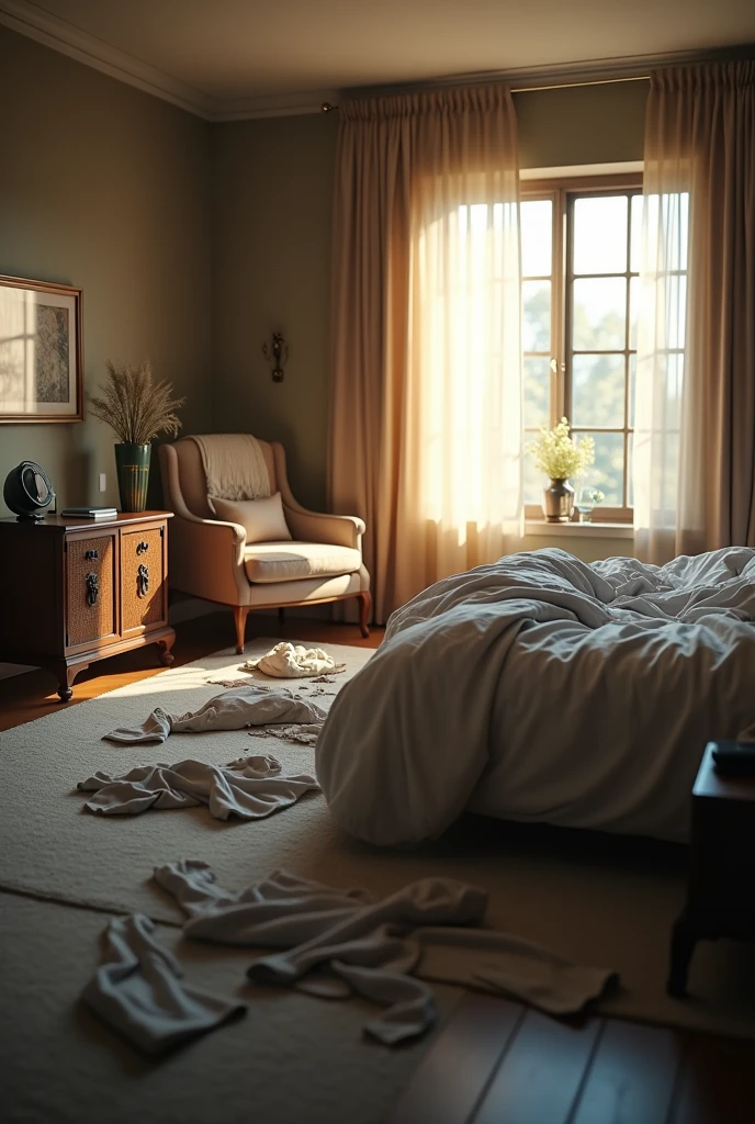 A large, luxurious, slightly disheveled male bedroom with clothes strewn across the floor. The bed is unmade, with pillows and sheets crumpled. A small nightstand holds a vibrating smartphone. A chair with a torn shirt draped over it is visible in the corner of the room. Soft morning light filters through a partially open window, casting soft shadows across the scene. Realistic, cinematic, 8k