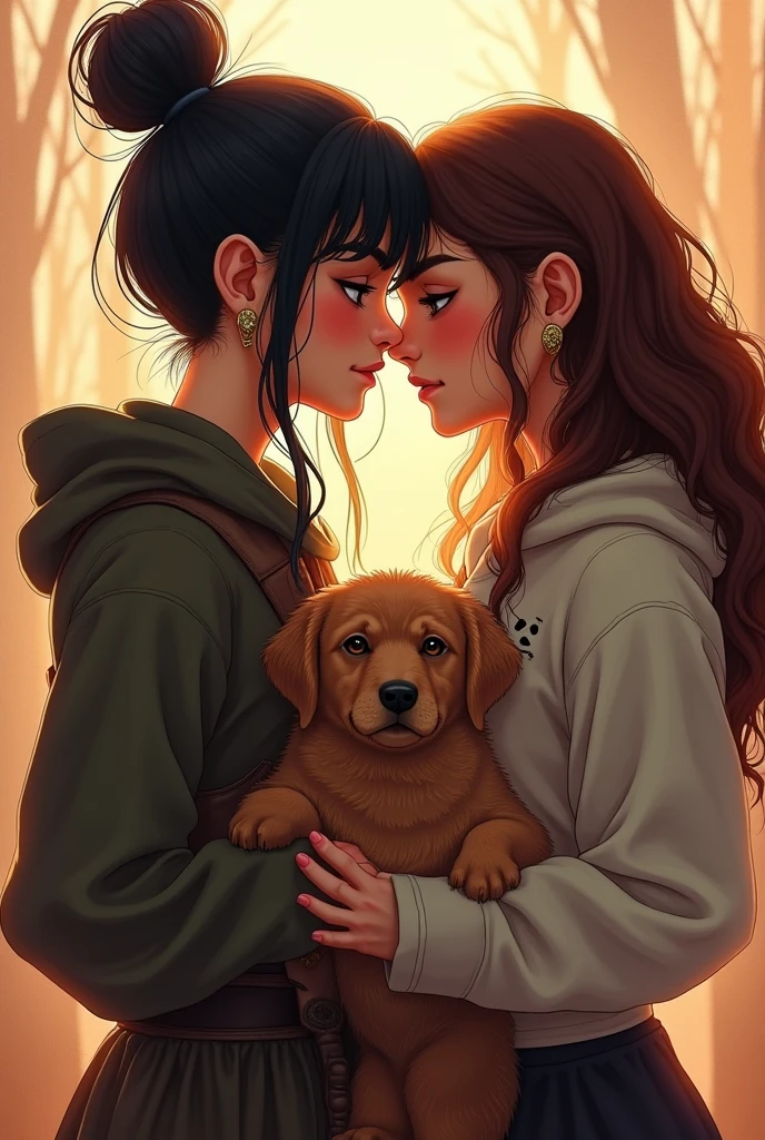 A warrior, in a romantic moment, she is brunette and has black hair tied upun, along with a big brown dog that has a white stripe on its face. I saved your girlfriend, a princess in a sweatshirt and a tattoo on her arm, With Long, Curly Hair, along with your small, white, and fluffy puppy