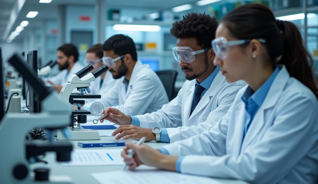 In a bustling pharmaceutical lab, a diverse team of scientists and researchers, representing a wide array of races and backgrounds, works collaboratively to develop a new life-saving drug. White lab coats and safety goggles are worn by everyone, with some members examining samples under microscopes while others input data into computers. The air is filled with the soft hum of equipment and the exchange of ideas in multiple languages, creating an environment of unity and innovation. Their shared goal transcends individual differences, focusing instead on the collective mission of advancing healthcare for all.