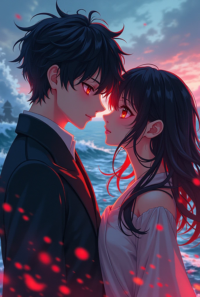 Anime boy and girl, black red mixing hairs red eyes, massive sea in background, age 20