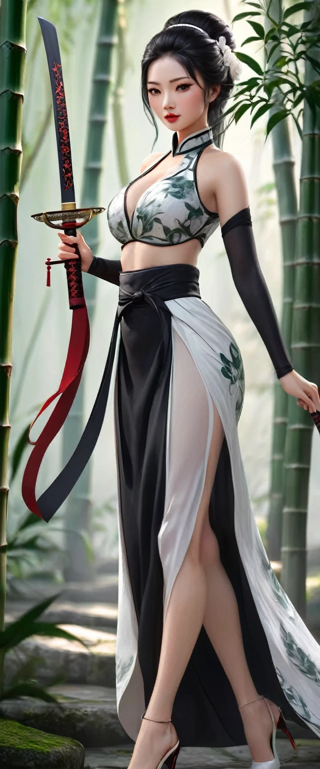 (masterpiece, best quality:1.2),Wavy hair maid，solitary,wear glasses，Exquisite eyes,Fine black hair，Charming Eyeshadow( White people:1.2)( Snake scale skin:1.2)，Chinese,( Smooth skin:1.2)，whole body， Slender body proportions，Moist and sexy plump lips，Long legs，Perfect fingers，High heel，( Back pose 1.2), (Rear view 1.2)，A Chinese female warrior in ancient attire，Standing in the middle of the bamboo forest path holding a sword in one hand，Looking at the camera，There is a faint white snake shadow behind.。