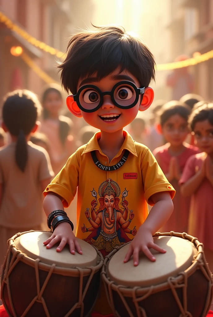 A 14 years boy playing Dhol Tasha and wearing shirt of ganesha and having name 'Darshan' on it and wearing black border goggles. Background of image will people doing pray.