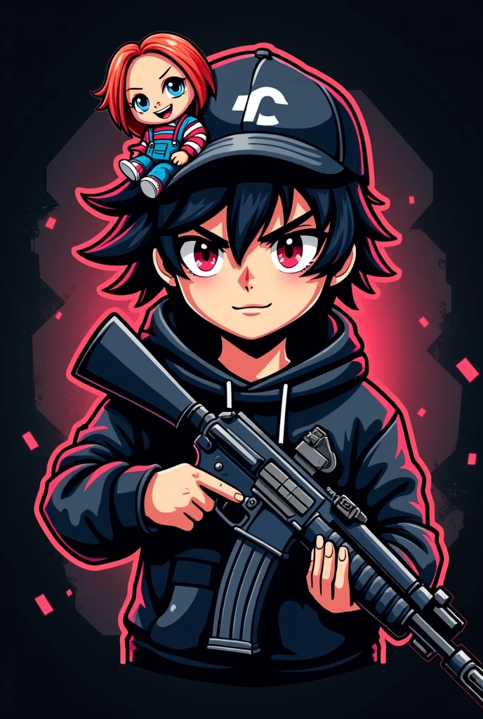 Create a mascot logo where the mascot is a black-haired gamer boy wearing a hoodie, carrying an AK-47, and wearing a cap with a Chucky doll.