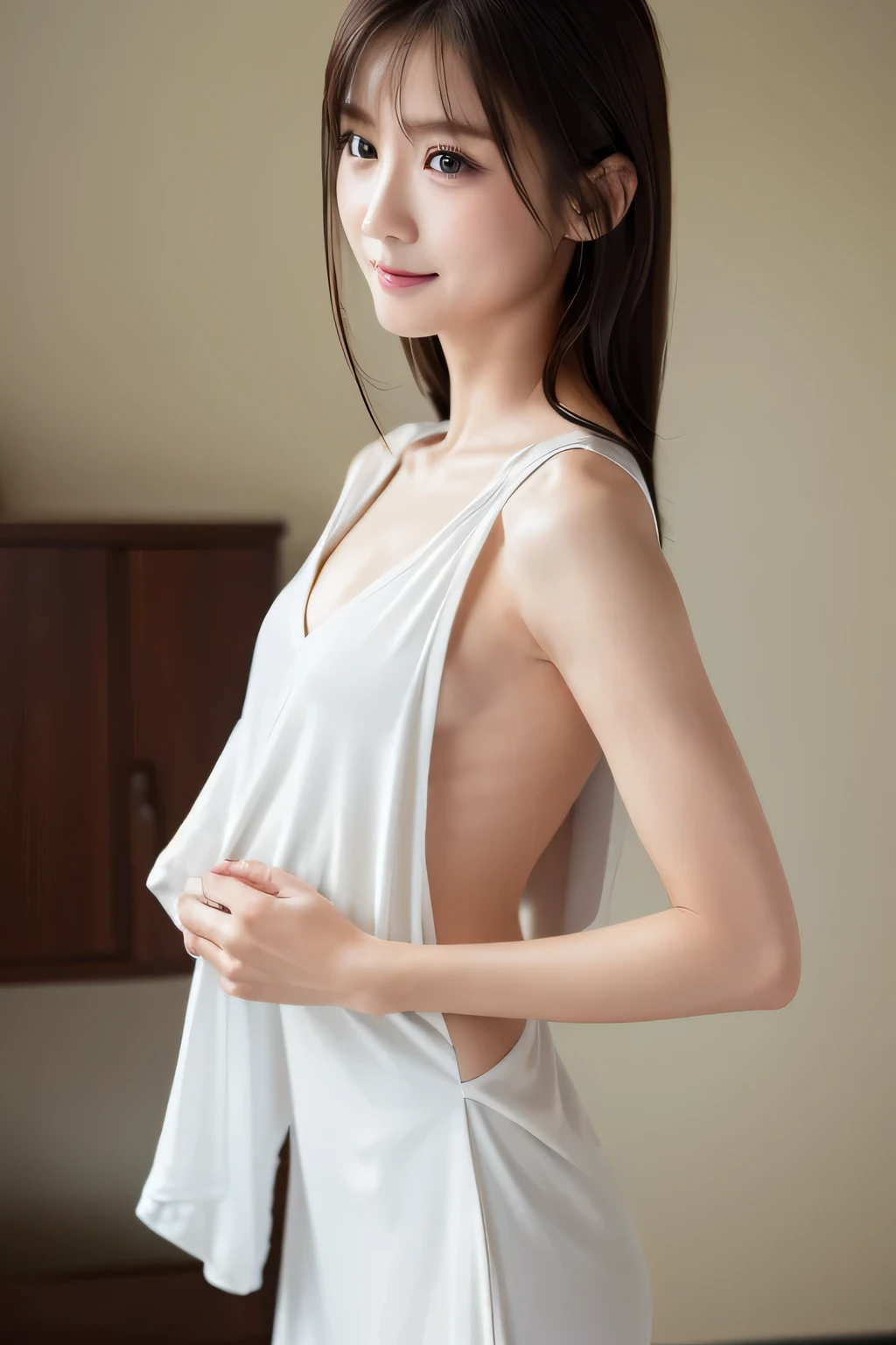 (Changing clothes:1.8), (Baby Face:1.3), (Highest quality:1.4), (Very detailed), (Very detailed美しい顔), underwear, (Baby's physique:1.2), Great face and eyes, iris, (Flat Chest:1.5), (Skinny body type:1.5), Short sleeve, smile, (Face close-up:1.2), (Half-taken dress), Side Angle, Washroom, From the back, Smooth, Very detailed CG synthesis 8k wallpaper, High-resolution RAW color photos, Professional photography, Light, BackLight, dream-like, impressive, Written boundary depth