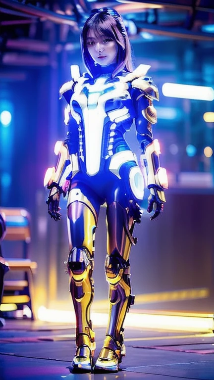 Highest quality, masterpiece, shape, (Realistic, photo-Realistic:1.37), wonderful, In detail, Unbelievably absurd, Very detailed, High resolution, Very detailed CG Unity 8k , Very detailed目と顔, Ray Tracing, The cyborg girl is pure.,She wears a mech armor top., Exposing most of her flawless skin. Armor detailing added to shoulders and head.、wonderfulハイライトがいくつかあります, Tech Panels and Mechanisms. She stands against a futuristic cityscape lit up with vibrant neon lights...、Standing full of energy。.
