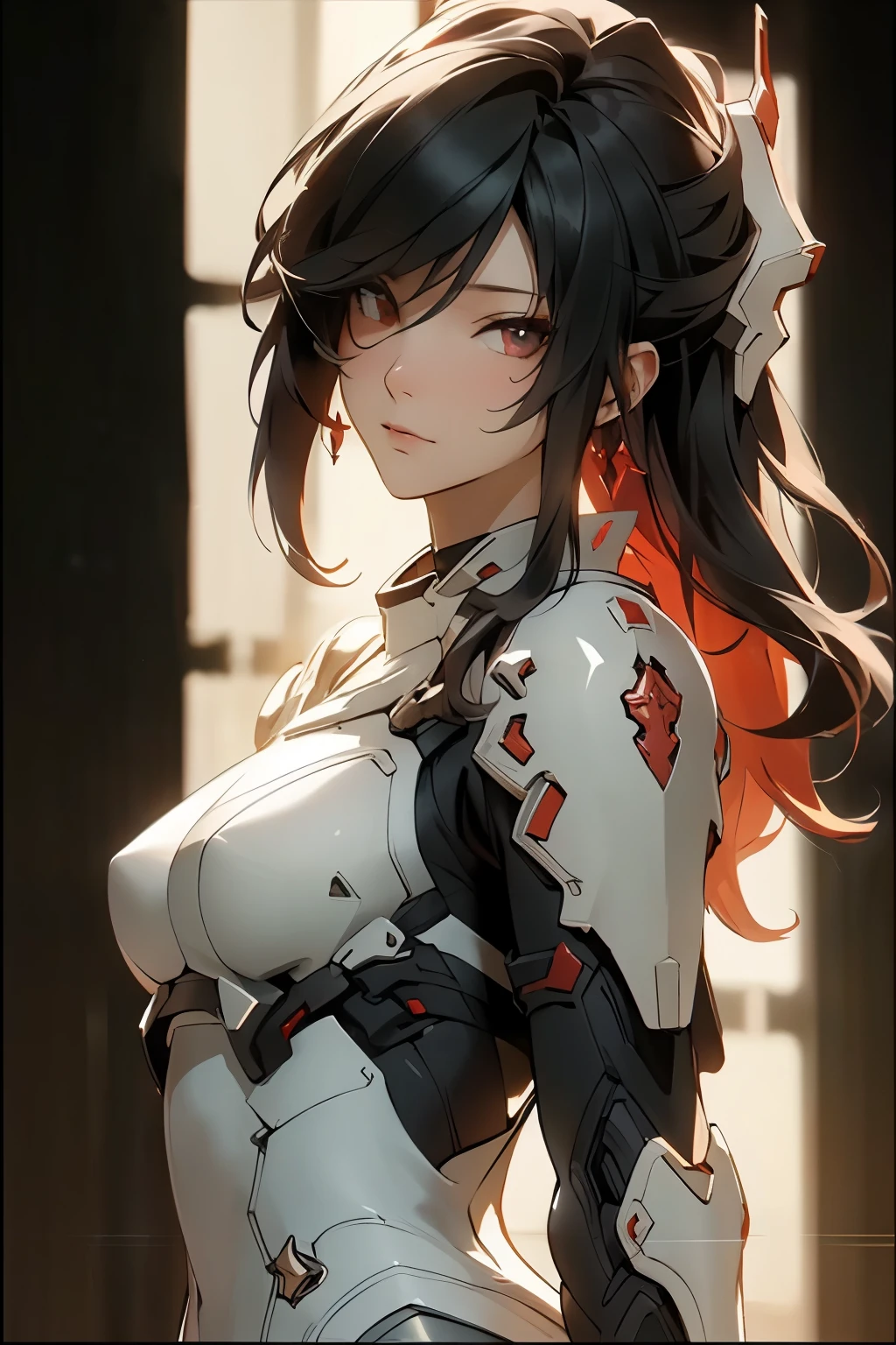 ((best quality)), ((Masterpiece)), (details:1.4), 3d, HDR (high dynamic range), an image of a beautiful cyberpunk female, SLEEK Style, Red hair, White eyes, จมูกโด่ง, ปากแดง, หน้าอกใหญ่, nvidia RTX, PBR surface, After processing, Anisotropic filtration,depth of field, Maximum clarity and clarity, multi-layered surface, Subsurface scattering, perfect proportions, 8K raw files, ความละเอียดสุดยอด, Unreal 5, Perfect proportions, Octane Render, Two-tone lighting, Wide aperture, Low ISO, รายละเอียดดวงตา, crusader, Light Red armor, jewely, ต่างหู