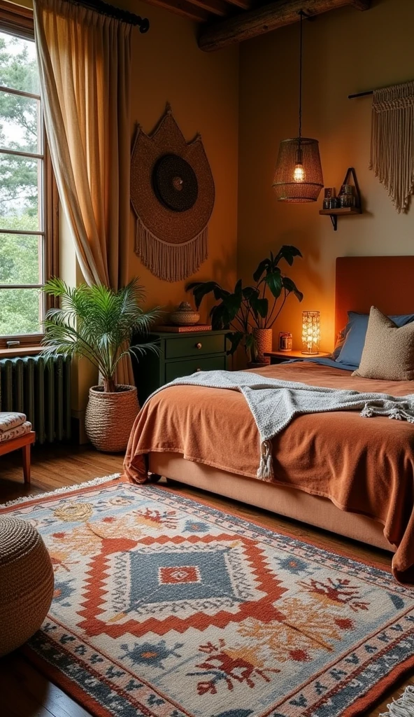 A cozy bedroom with a soft terracotta velvet bedframe, large tribal rug with natural colors and intricate patterns, traditional wall hangings, olive green and dark brown accents, wooden furniture, macramé plant hangers, woven baskets, warm lighting, textured walls, bohemian chic, interior design photography