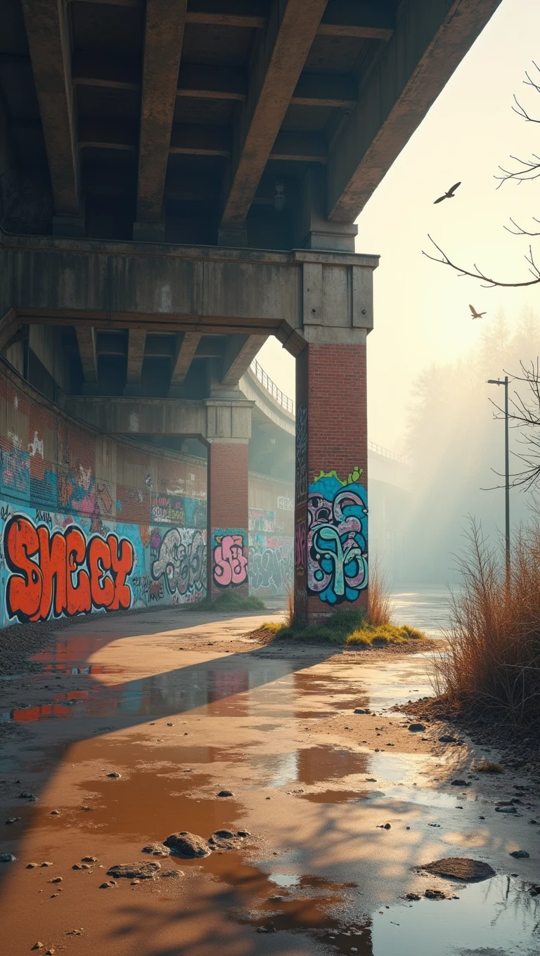 Under Birmingham digbeth Railways Bridge, graffiti , haze, mist, diffusion light, bright golden hour, oil painting , Turner style