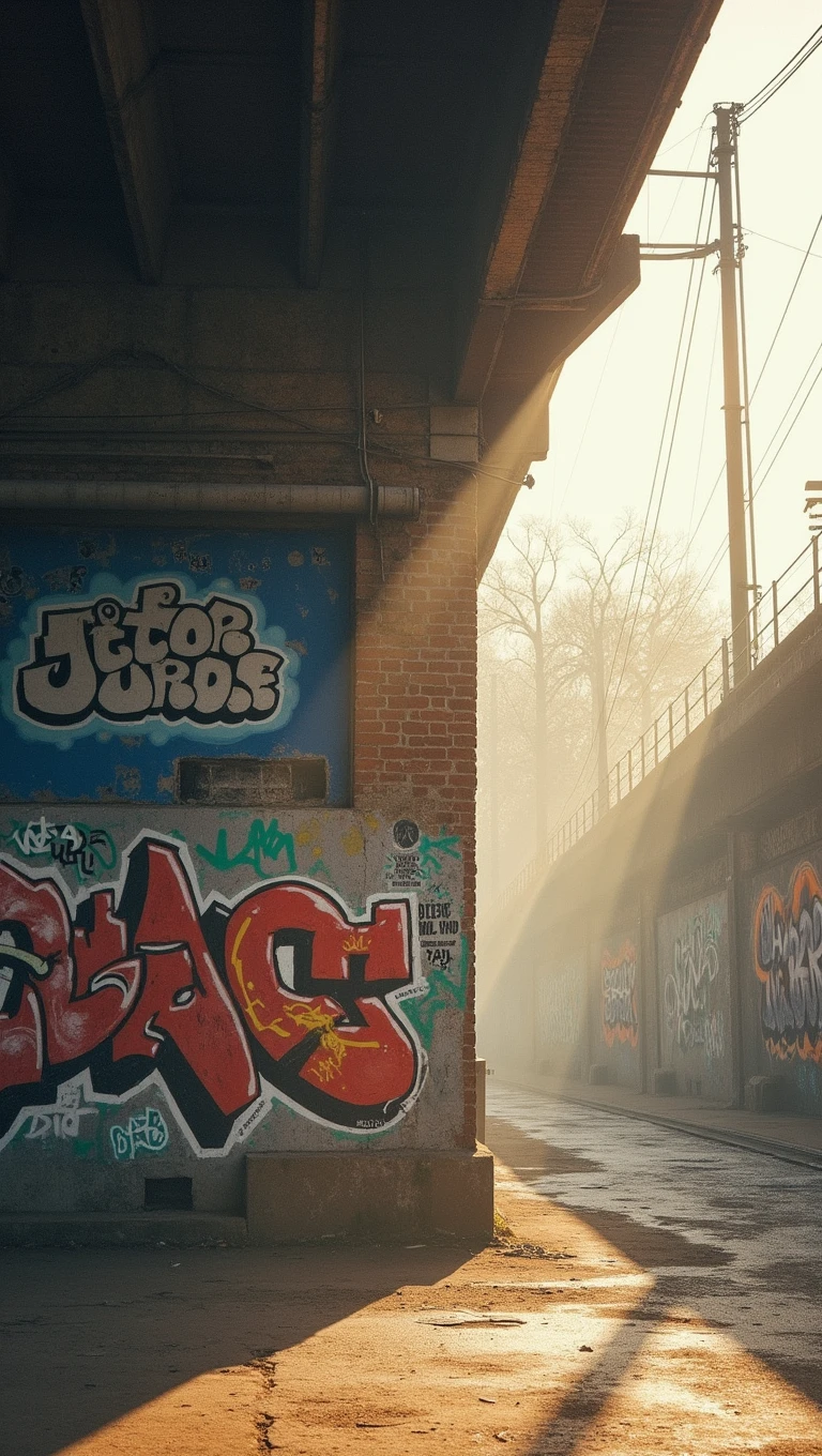 Under Birmingham digbeth Railways Bridge, graffiti , haze, mist, diffusion light, bright golden hour, oil painting , Turner style
