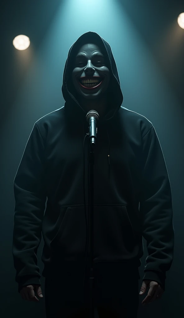 a man with a laughing mask, wearing a hoodie over his head. He is standing behind a microphone on a comedy stage under a spotlight. 