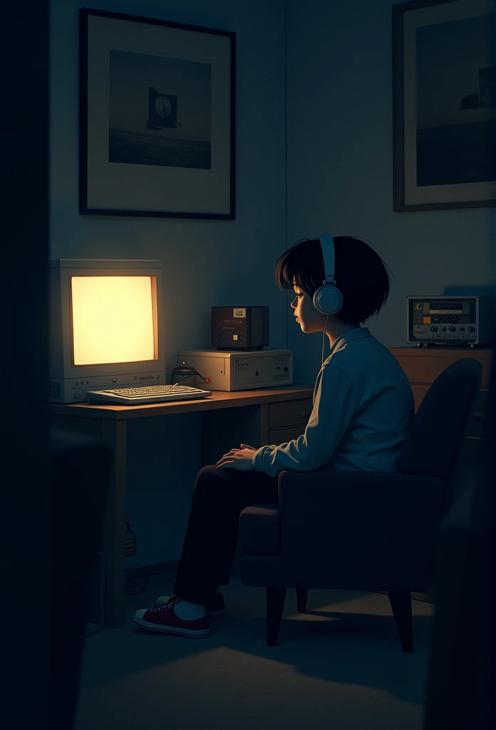 night、Listen to music in a cozy room, Using headphones, 2D-style animation, Lo-Fi, hard disk, Dark Environment