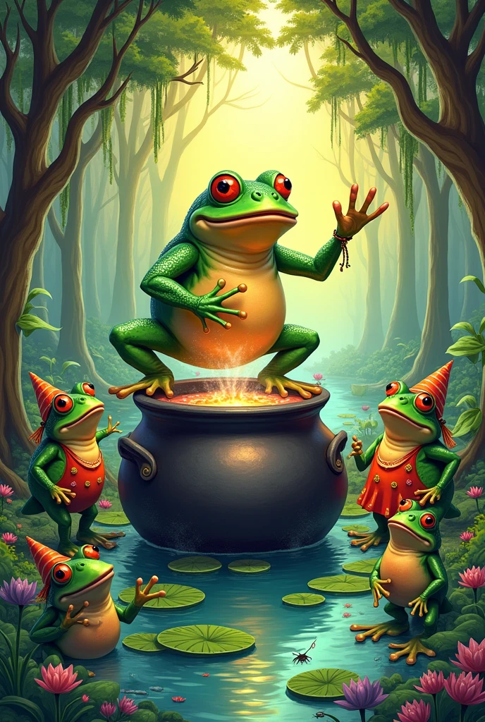 Crie imagem para colorir A realistic swamp with many details, sunny sky, a huge and fat frog doing a solo on a cauldron, many frogs getting ready for a party