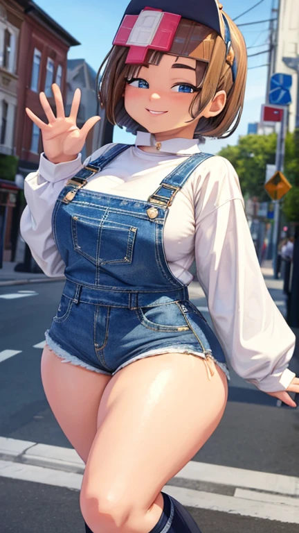 (masterpiece), best quality, Jenny Belle in short white long sleeve shirt and blue denim overallsinside on the street, wide hips big, thick_legs, wide hips, socks, in line, smiling and waving, full view,