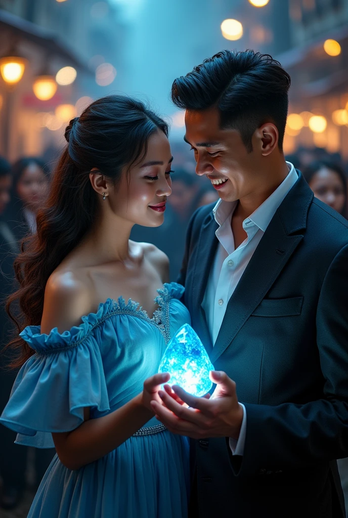 a beautiful woman and a charming man holding the "batong makapangyarihan" (it's a blue stone) they are smiling at the people around them 
