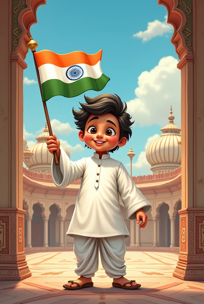 Salesforce saasy mascot wearing white kurta and holding India flag in hand