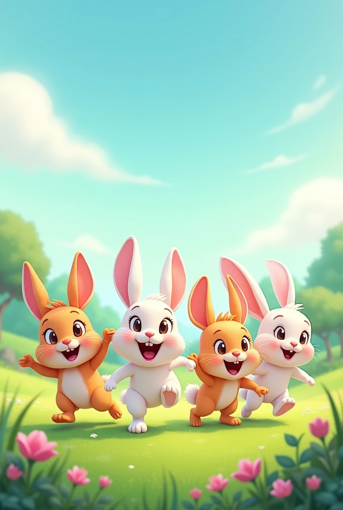 4 cartoon rabbits hopping on the ground 