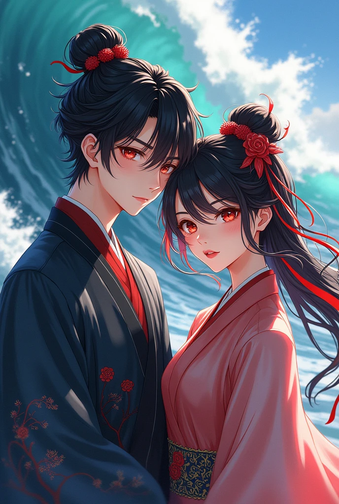 Anime boy and girl, black red mixing hairs red eyes, massive sea in background, age 20, chinese cultural costume