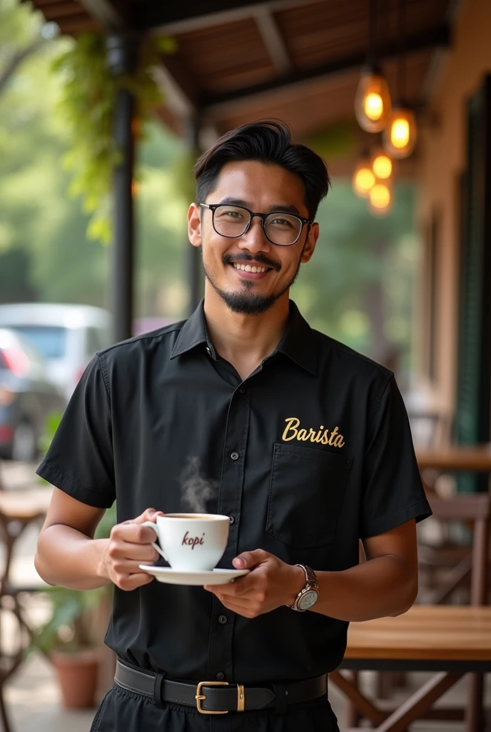 created a hensom man with a slightly medium body, glasses, Malay face,  27 year, very little short, thin, and neat beard and mustache. Barista shirt, he was a restaurant waiter who delivered a cup of warm coffee, The Barista Shirt making word Gold inscription "payid", and cup write text 'kopi', the background is outside village cafe. the image is very detailed, super HD