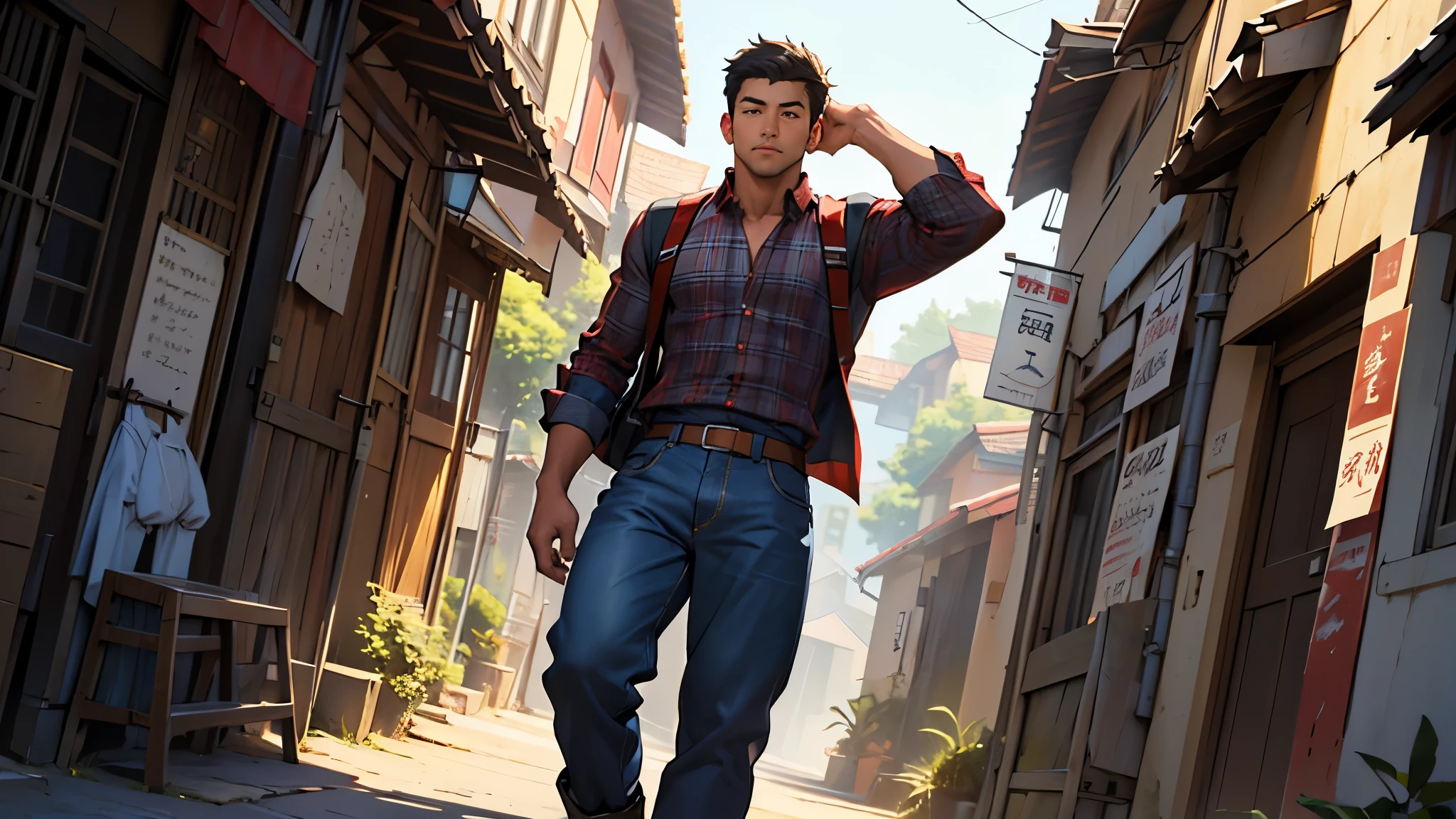 (masterpiece:1.2), (best quality), (ultra detailed), (8k, 4k, intricate),(full-body-shot:1), (highly detailed:1.2),(detailed face:1.2), (detailed background),detailed landscape, (dynamic angle:1.2), (dynamic pose:1.2), a asian male wearing country clothing that stands at 5'5"ft, 242lbs. Walking around a college Has a fat build, ebony smart cut hair, warm brown eyes. And mostly dresses up in casual attire, red or blue plaid shirt, baggy jeans, old work boots.