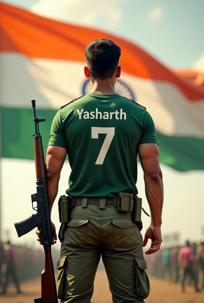A huge tricolor flag of India is waving, in front of it an 18 year old army soldier is standing facing the flag, he has an AK-47 in his right hand and he has huge biceps and the boy wore a green T-shirt Has happened, on which 'Yasharth' is written and 7 is written below 'Yasharth'. Wearing army cargo pants and his backside is visible and remember this flag is completely visible and not blurred.