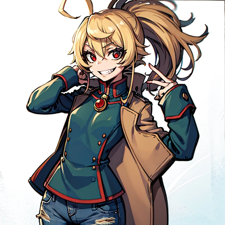  girl、blonde ponytail、Ahoge、big round red eyes、grin、small breasts、white t-shirt、red leather rider jacket、blue jeans pants、upper body close-up