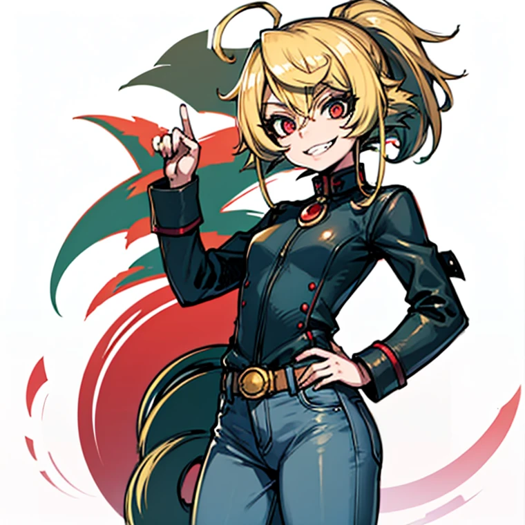  girl、blonde ponytail、Ahoge、big round red eyes、grin、small breasts、white t-shirt、red leather rider jacket、blue jeans pants、upper body close-up