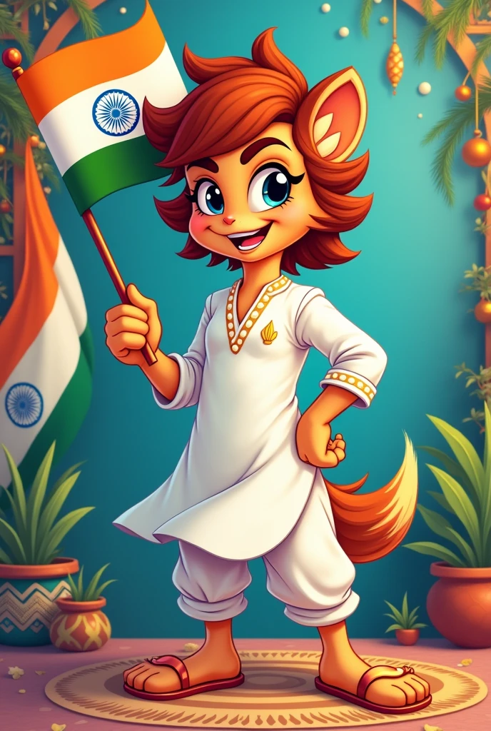 Salesforce sassy mascot wearing white kurta and holding India flag in hand