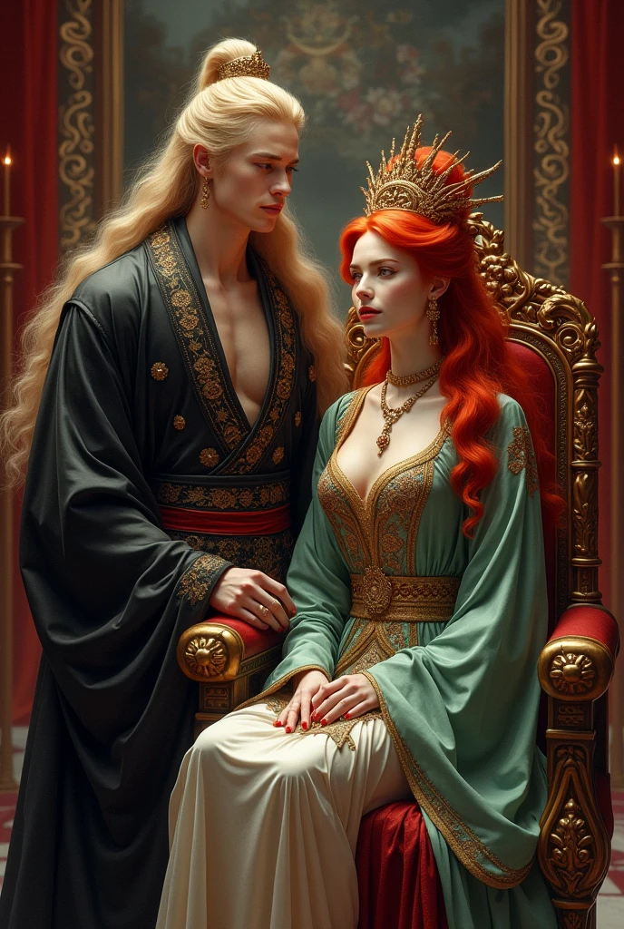 a man with long golden hair wearing a black traditional costume.,Next to her is a woman with long red hair, sitting on an emperor's throne,dressed as a monarch