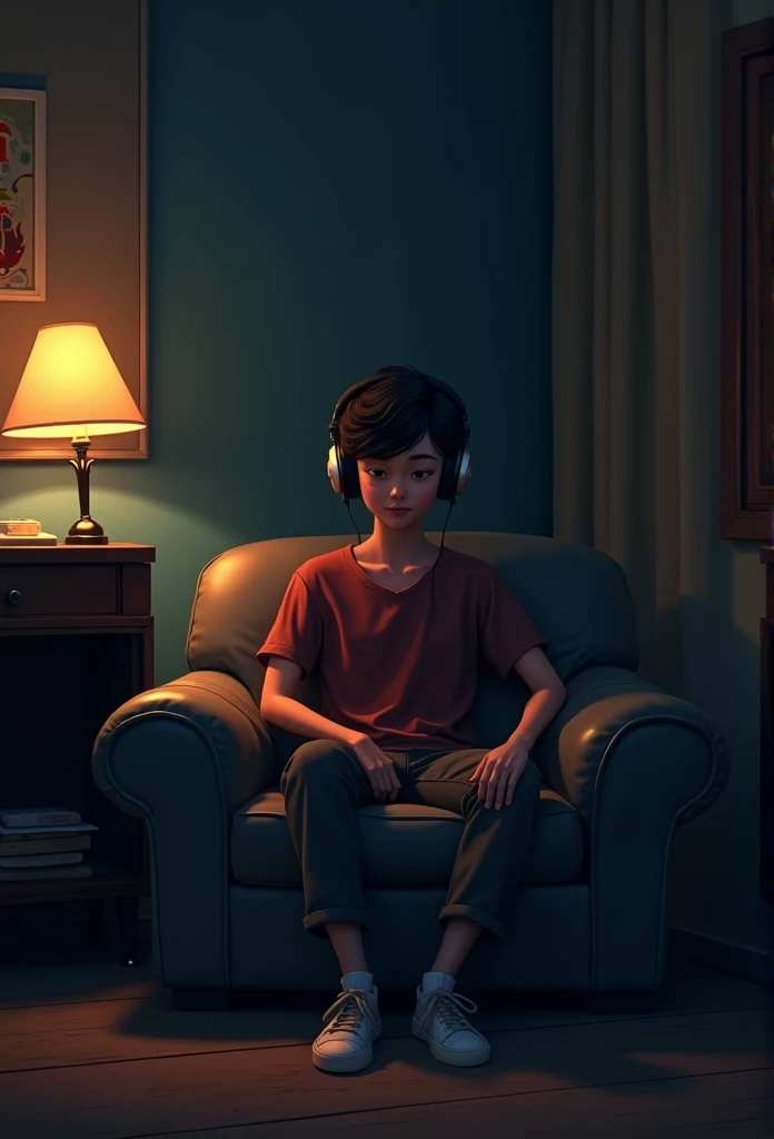 night、Listen to music in a cozy room, Using headphones, 2D-style animation, Lo-Fi, hard disk, Dark Environment