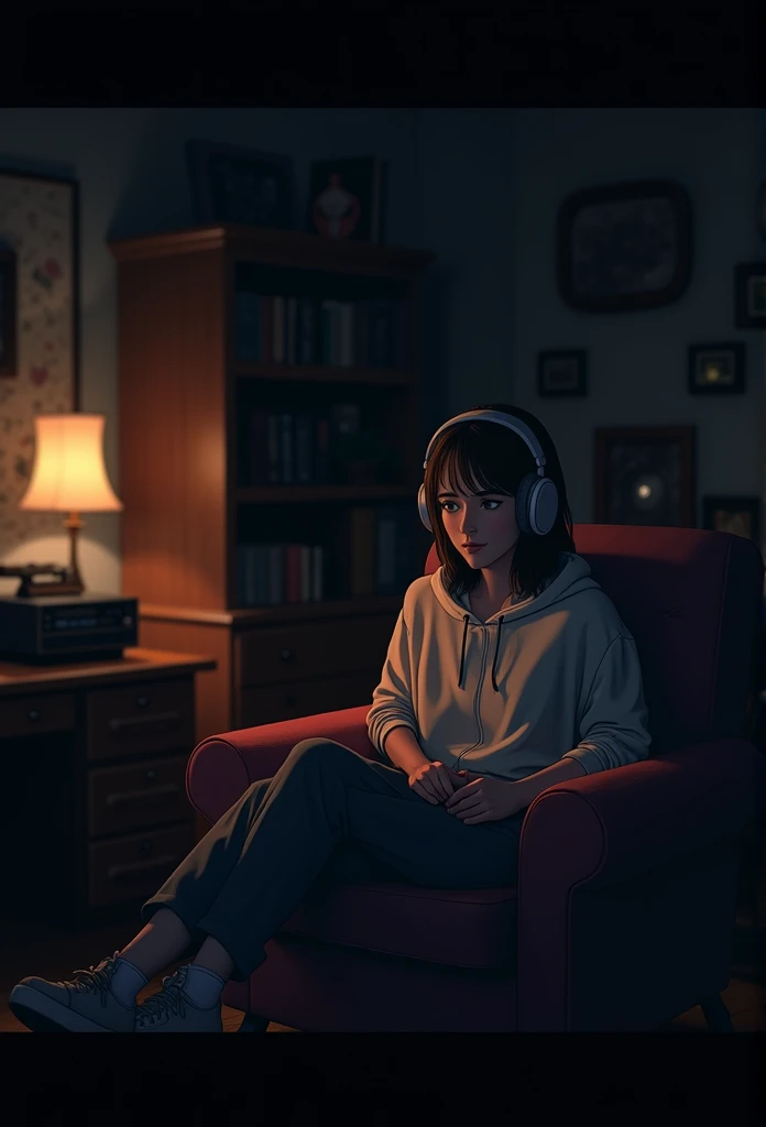 night、Listen to music in a cozy room, Using headphones, 2D-style animation, Lo-Fi, hard disk, Dark Environment