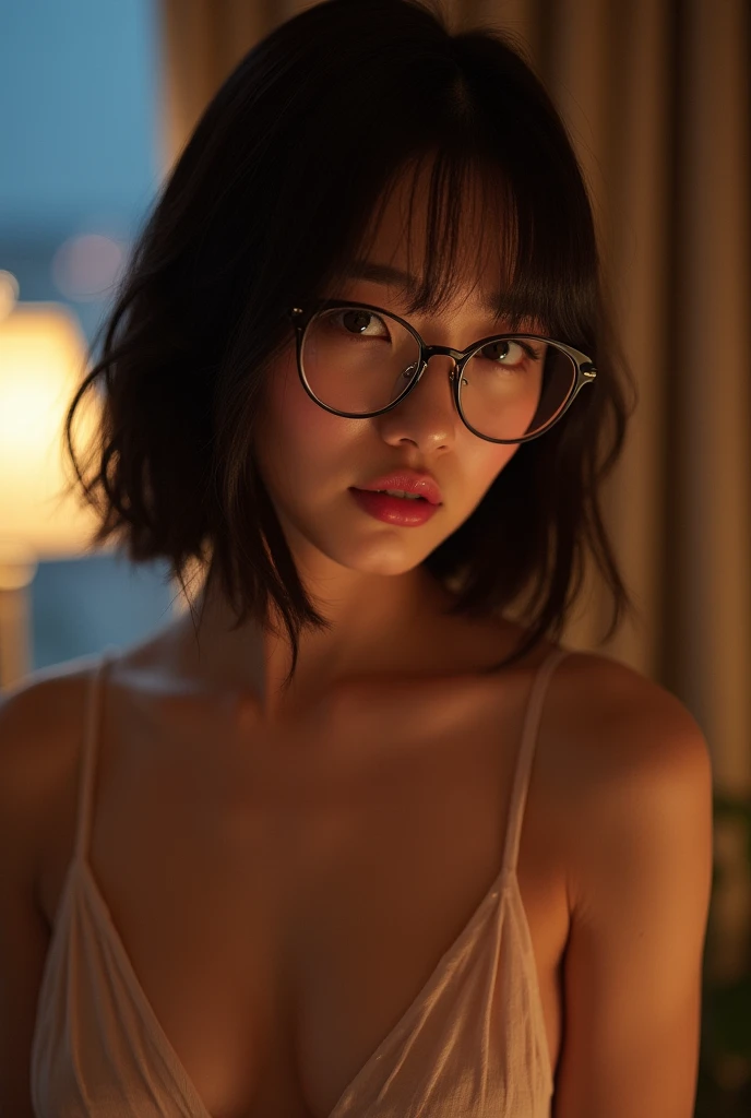 (Highest quality、Highest quality、8k resolution、masterpiece、Professional photography、Award-winning works)、(Beautiful Japanese office lady:1.1)、(The most romantic night in a love hotel:1.1)、(Strongly blurred background:1.1)、The most romantic and moody atmosphere、(All nude:1.2.、Half naked:1.3)、(Cleavage:1.3)、(Voluptuous body:1.5)、Standing Elegantly、Voluptuous body、(Very short bob hair:1.1)、(Classy glasses:1.2)、A seductive gaze stares at me、(Large Breasts:1.3)、Perfect Makeup、Beautiful lipstick、Elegant eyeshadow、Long eyelashes、Ultra-high resolution glossy skin、(Accurate anatomy:1.1)、(Closed lips:1.3)、(Face close-up:1.2)