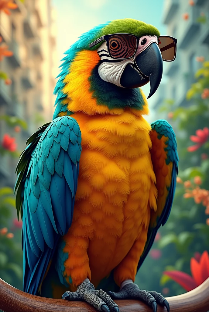 A parrot wearing sunglasses and wearing bleasure