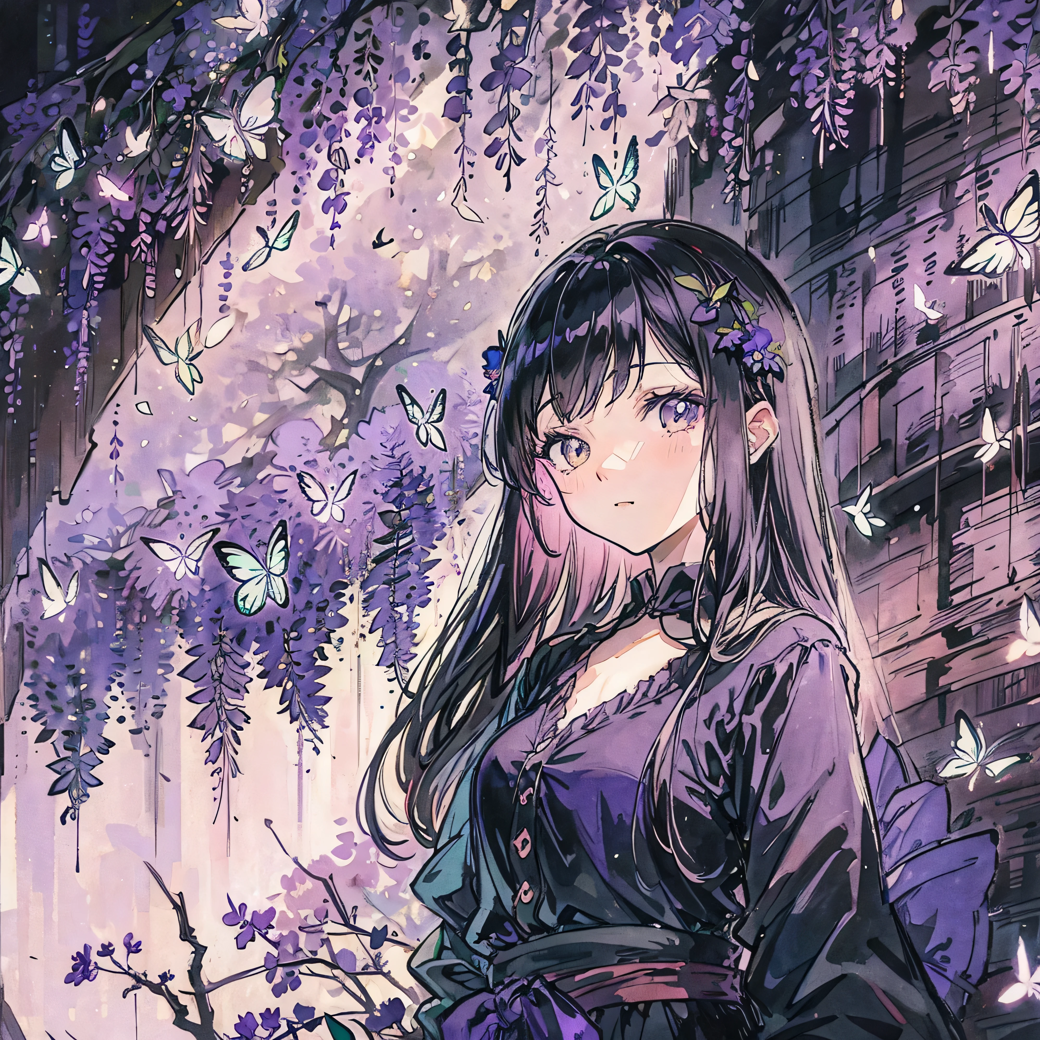 wisteria forest,  dark night, Beautifully Aesthetic,wisteria, peace, tranquility, serenity, petals, butterflies, decent