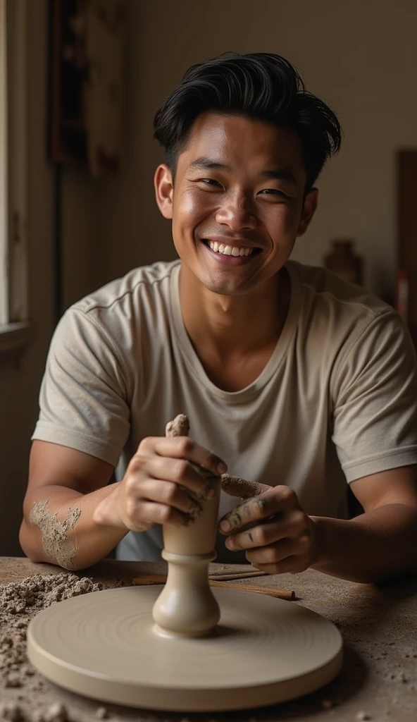 photorealistic, best quality, masterpiece, extremely detailed, side view, extremely handsome, 25 year old bruneian malay man, no facial hair, athletic build, laughing, looking directly at camera, messy clay on hands and face, molding ruined clay, on pottery wheel, in personal art studio, extremely romantic atmosphere, perfect face, perfect fingers, perfect hands, perfection