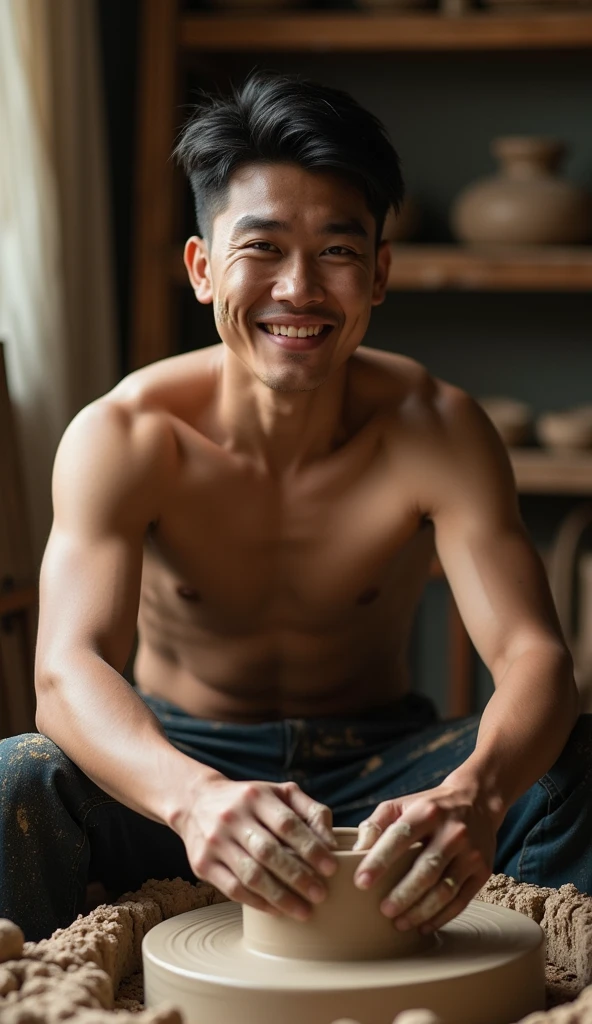 photorealistic, best quality, masterpiece, extremely detailed, side view, extremely handsome, 25 year old bruneian malay man, no facial hair, athletic build, laughing, looking directly at camera, messy clay on hands and face, molding ruined clay, on pottery wheel, in personal art studio, extremely romantic atmosphere, perfect face, perfect fingers, perfect hands, perfection