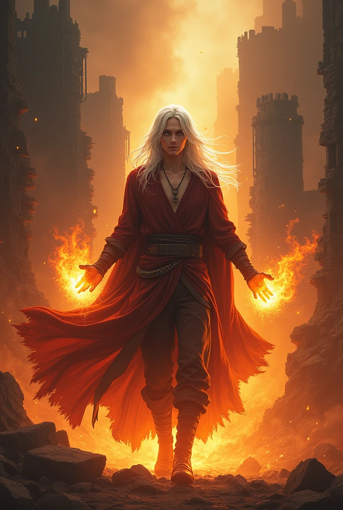 Male twink with waist long white hair with fire powers and burning castle and wolves shadows behind him