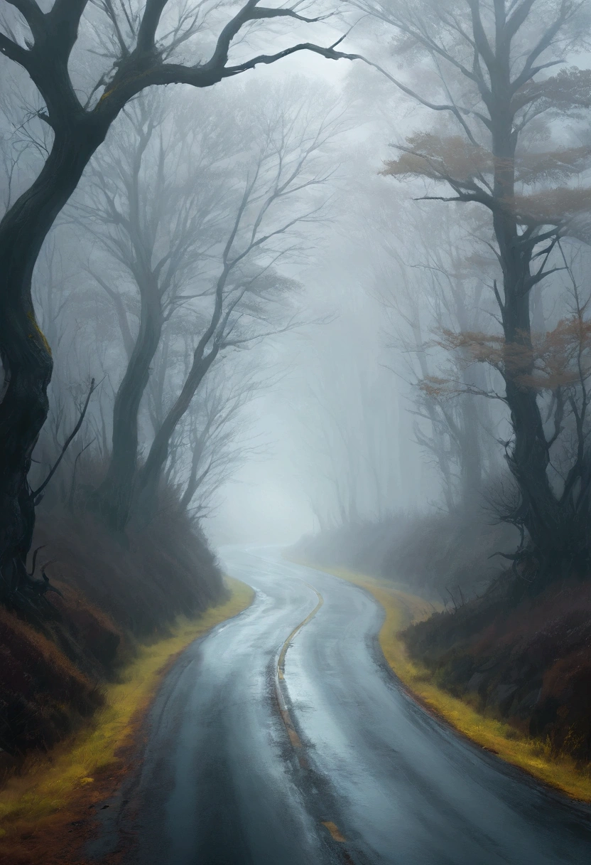 a mysterious foggy landscape, oil painting, roads in the north, poor visibility, (best quality,4k,8k,highres,masterpiece:1.2),dramatic lighting,cinematic,moody atmosphere,muted color palette,atmospheric,hazy,overcast sky,winding roads,windblown trees,desolate,eerie,mysterious,haunting