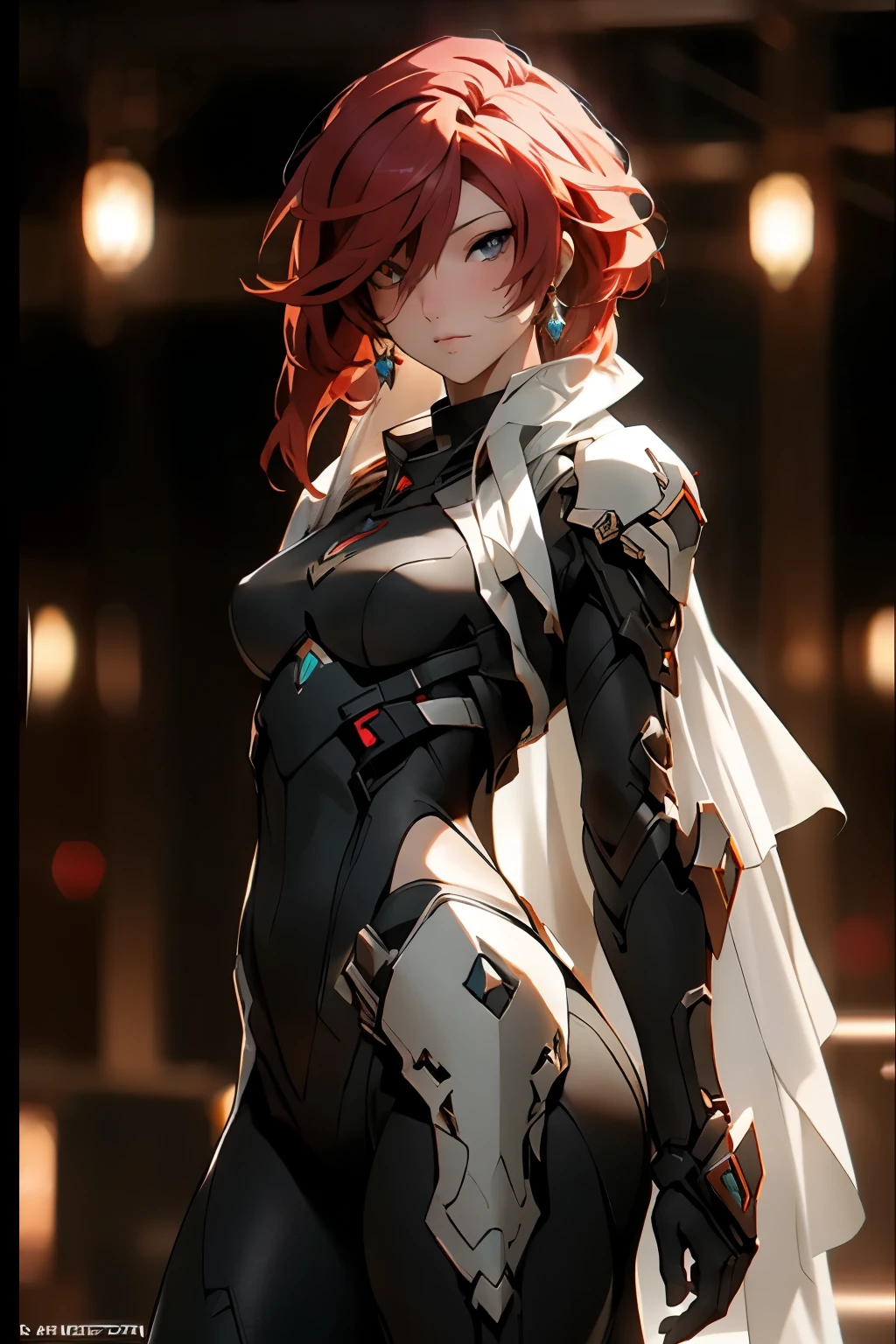 ((best quality)), ((Masterpiece)), (details:1.4), 3d, HDR (high dynamic range), an image of a beautiful cyberpunk female, SLEEK Style, Red hair, White eyes, จมูกโด่ง, ปากแดง, หน้าอกใหญ่, nvidia RTX, PBR surface, After processing, Anisotropic filtration,depth of field, Maximum clarity and clarity, multi-layered surface, Subsurface scattering, perfect proportions, 8K raw files, ความละเอียดสุดยอด, Unreal 5, Perfect proportions, Octane Render, Two-tone lighting, Wide aperture, Low ISO, รายละเอียดดวงตา, crusader, Black armor, Guardian Helmet, jewely, ต่างหู