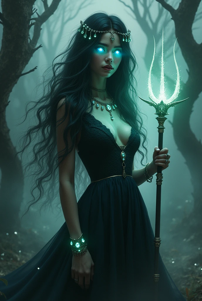 A hauntingly beautiful woman with long, flowing dark hair adorned with small, glowing gemstones is seen in a close-up amidst a dense, eerie fog in a mystical forest. Her eyes are the focal point, glowing with an intense, magical light that pierces through the surrounding mist. She wears a flowing, dark, and elegant dress, and her face is partially obscured by the fog, adding to her enigmatic aura. She holds a glowing trident, which emits a soft, radiant light, illuminating the fog around her. Her glowing jewelry, including a radiant pendant, luminous bracelets, and shimmering rings, further enhances the magical atmosphere. The forest background is filled with twisted trees and faintly glowing magical runes etched into their bark. Strange, luminescent plants and ethereal, glowing creatures can be seen faintly through the thick fog. The overall mood is mysterious and slightly ominous, with muted colors and soft, magical lighting enhancing the sense of fantasy, enigma, and intrigue